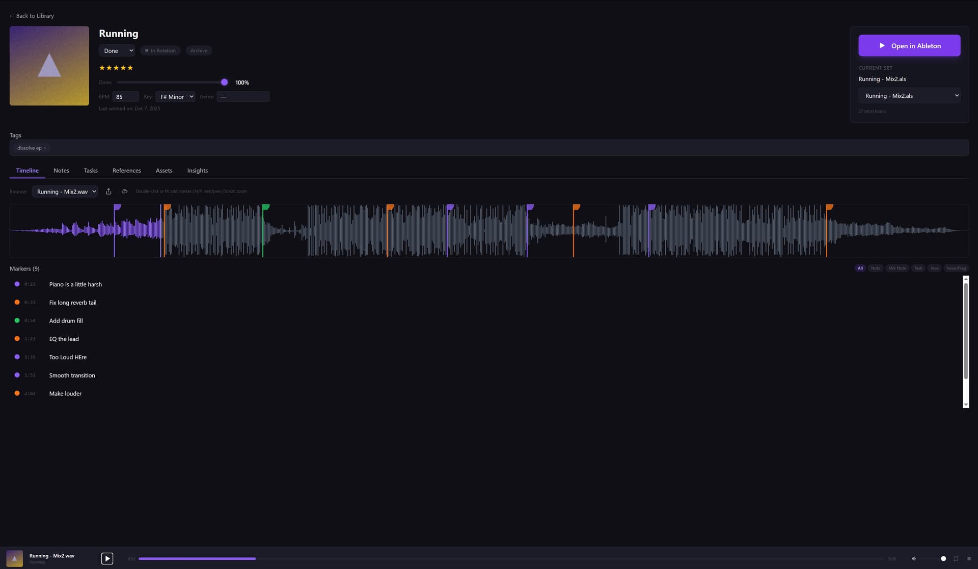 Project detail showing sets, sessions, and bounces