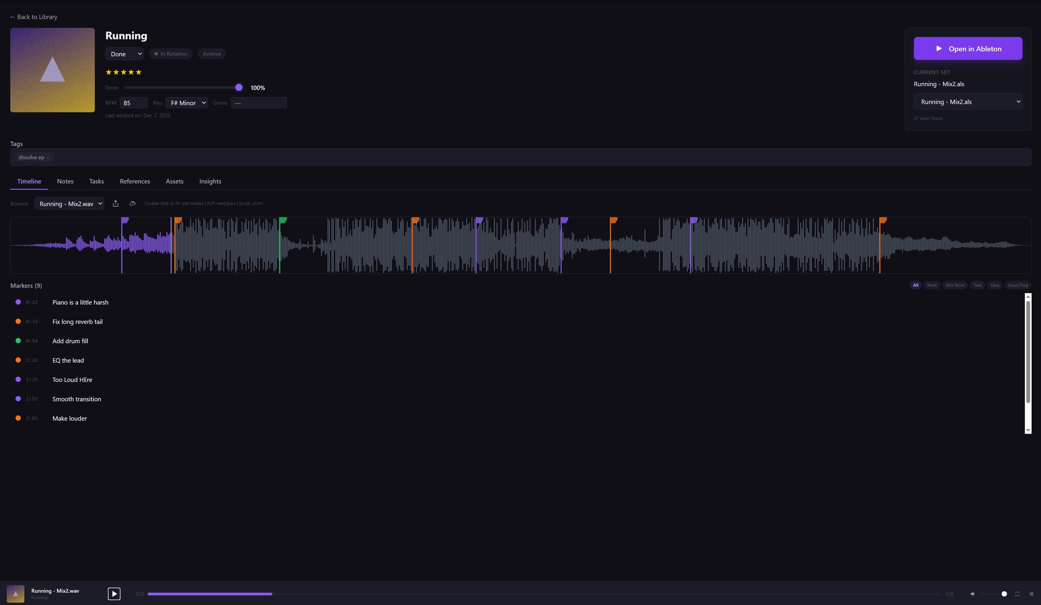 Project detail showing sets, sessions, and bounces
